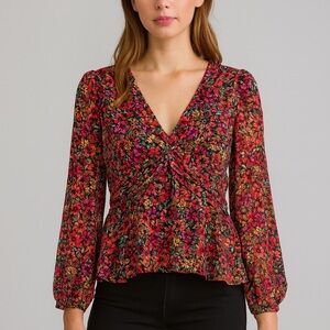 Pleione Women Floral V-Neck Long Sleeve Blouse Small, Multicolor Peplum Top